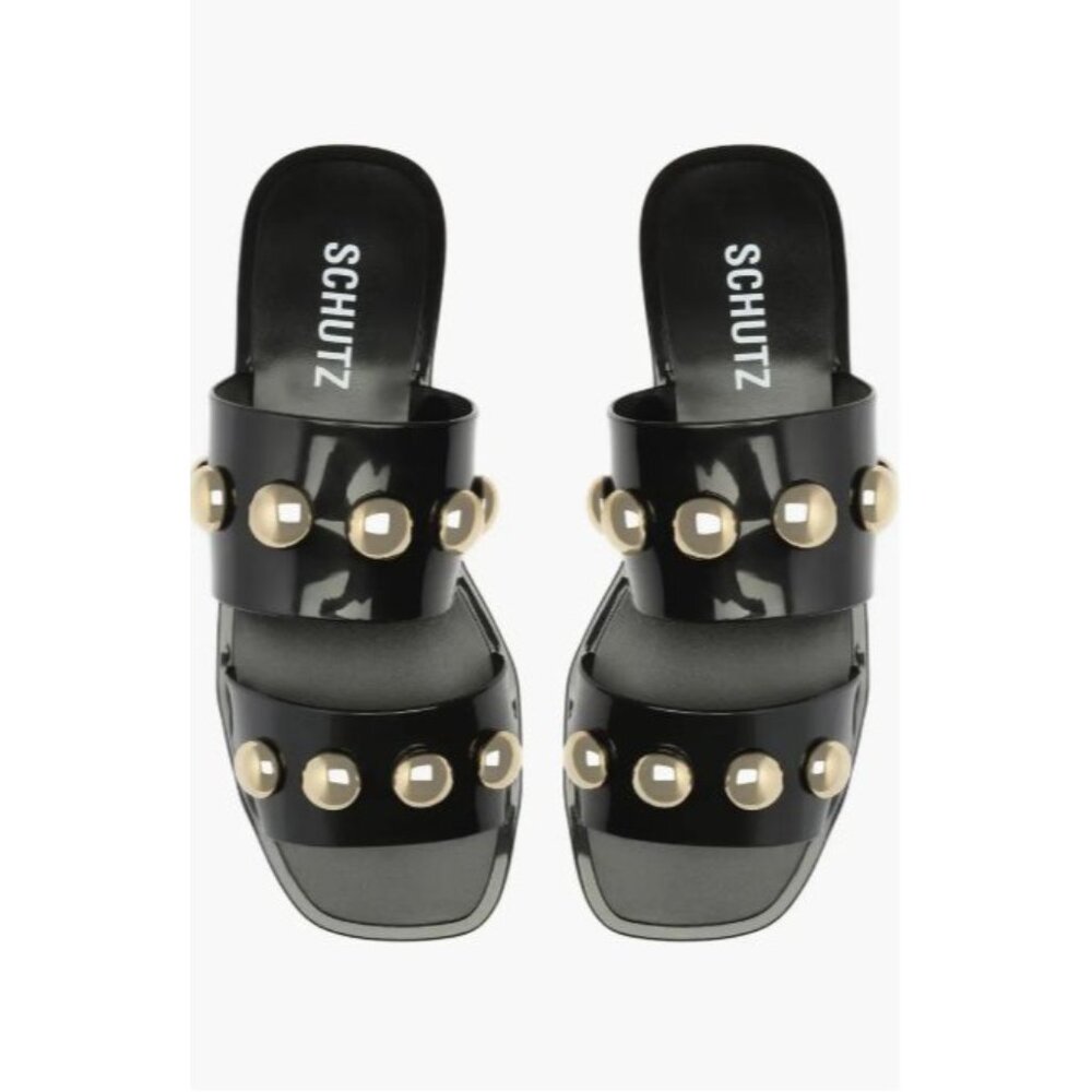 Schutz Lizzie Slide‎ Sandals Black Gold Studs Jelly Size 9 - Picture 2 of 9